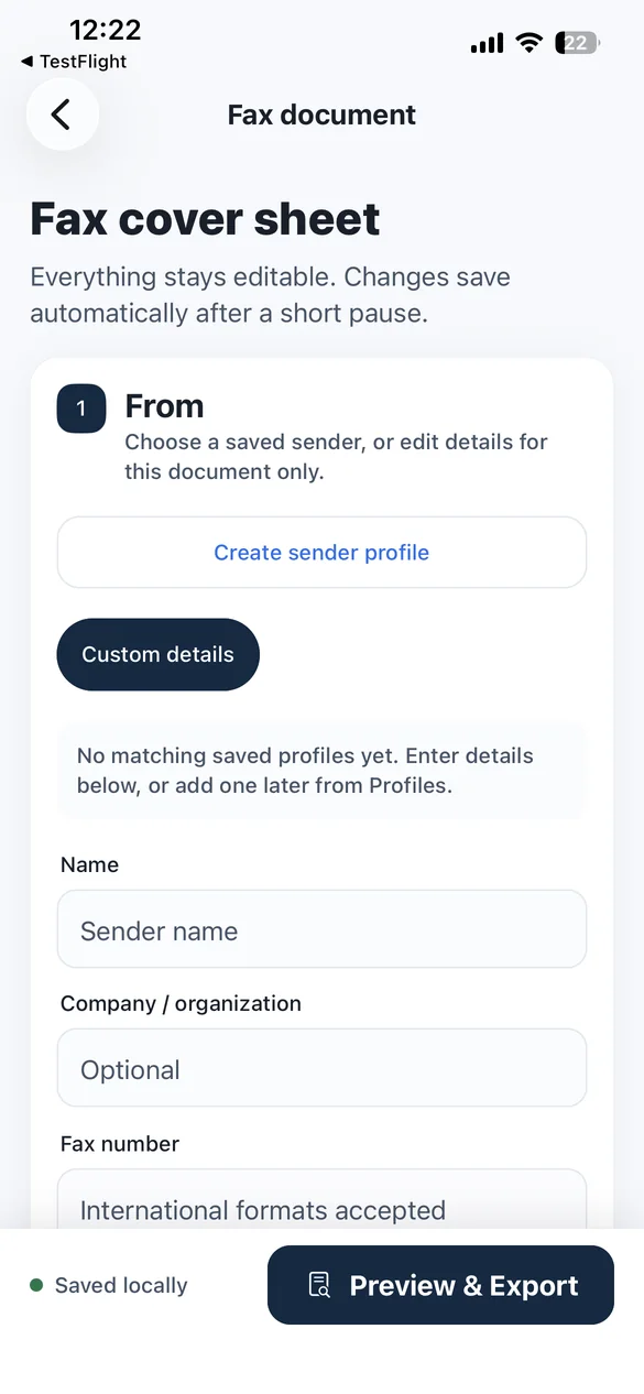 FaxPage document editor showing fax details, options, and attachments